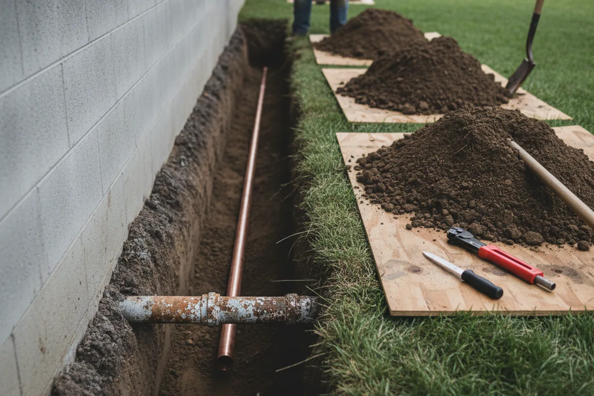 Excavated water line trench during Water Softener Installation in Keyser